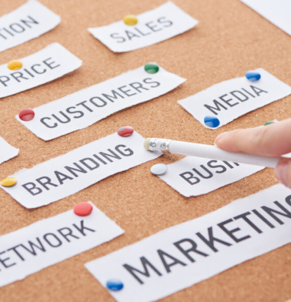 cropped view of woman pointing with pencil on branding inscription on cork board